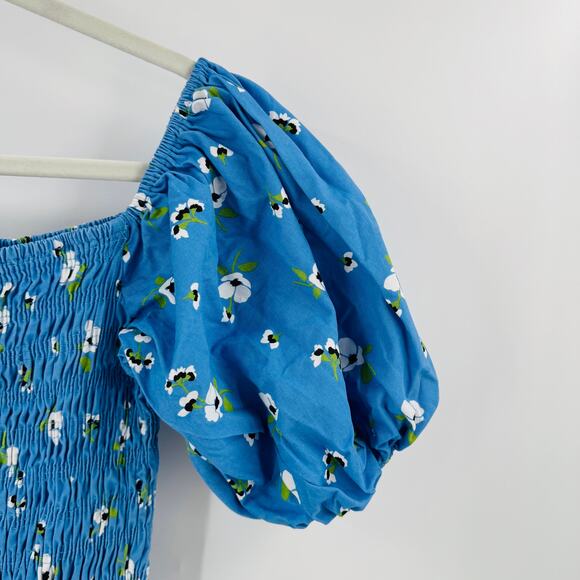 Never Fully Dressed Blue Smocked Puff Sleeve Midi Dress Floral Ruffle Hem 12 - Picture 7 of 10